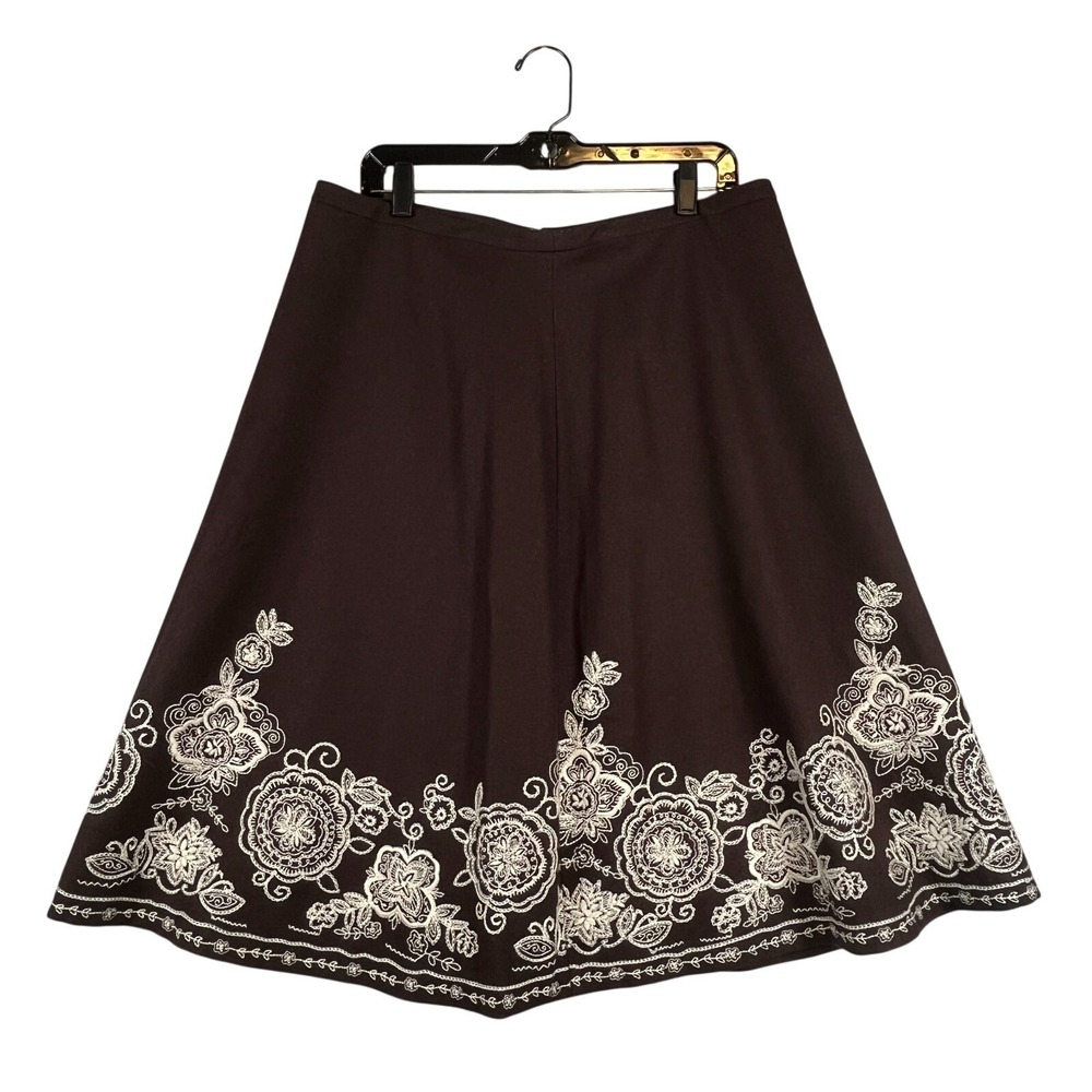 Boden Womens 16 Skirt Brown Wool Blend Floral Embroidered A Line Lined Midi Zip